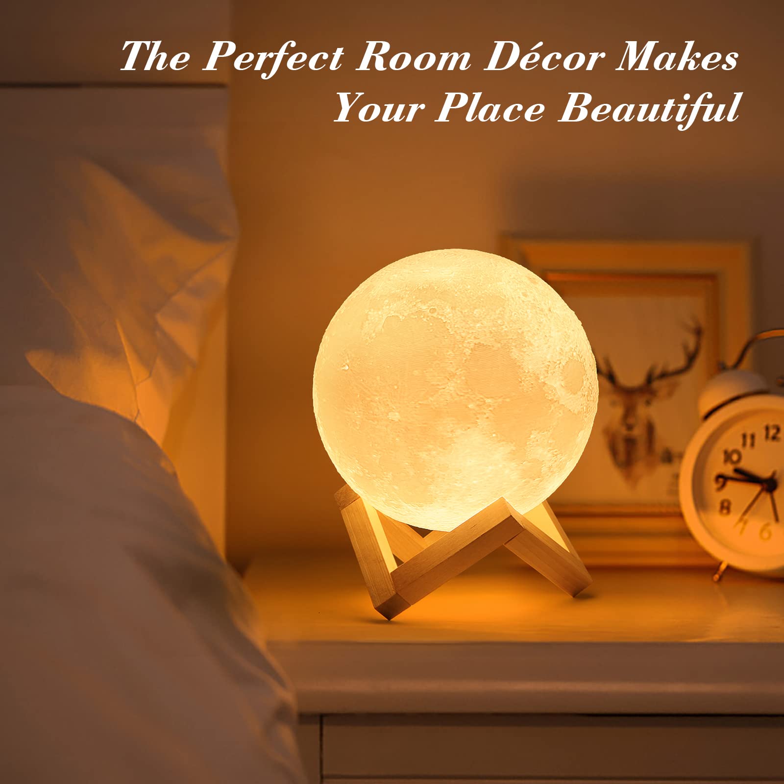 Mydethun 3D Moon Lamp with 5.9 Inch Wooden Base - Valentine's Day Gift, LED Night Light, Mood Lighting with Touch Control Brightness for Home Décor, Bedroom, Women Kids Moonlight - White & Yellow