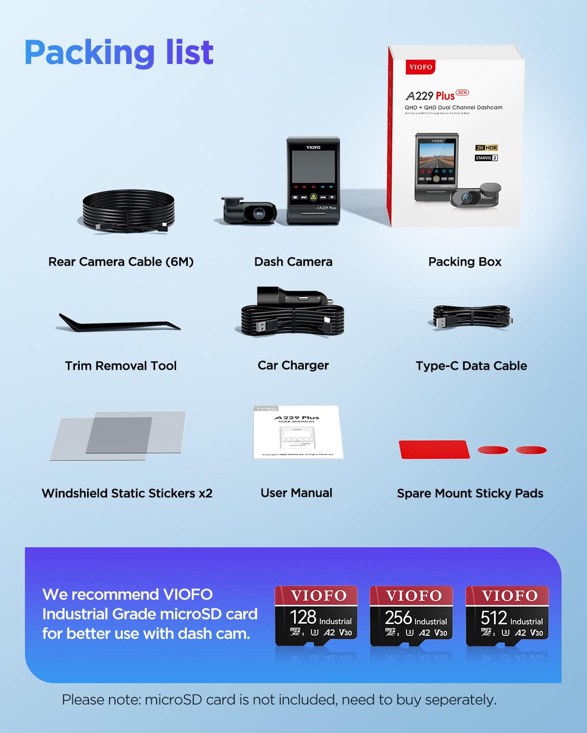 VIOFO A229 Plus Dash Cam Front and Rear, Dual STARVIS 2 Sensors, 2 Channel HDR, 1440P+1440P Voice Control Car Dash Camera, 5GHz Wi-Fi, Ultra-Precise GPS, 24 Hours Parking Mode, Support 512GB Max