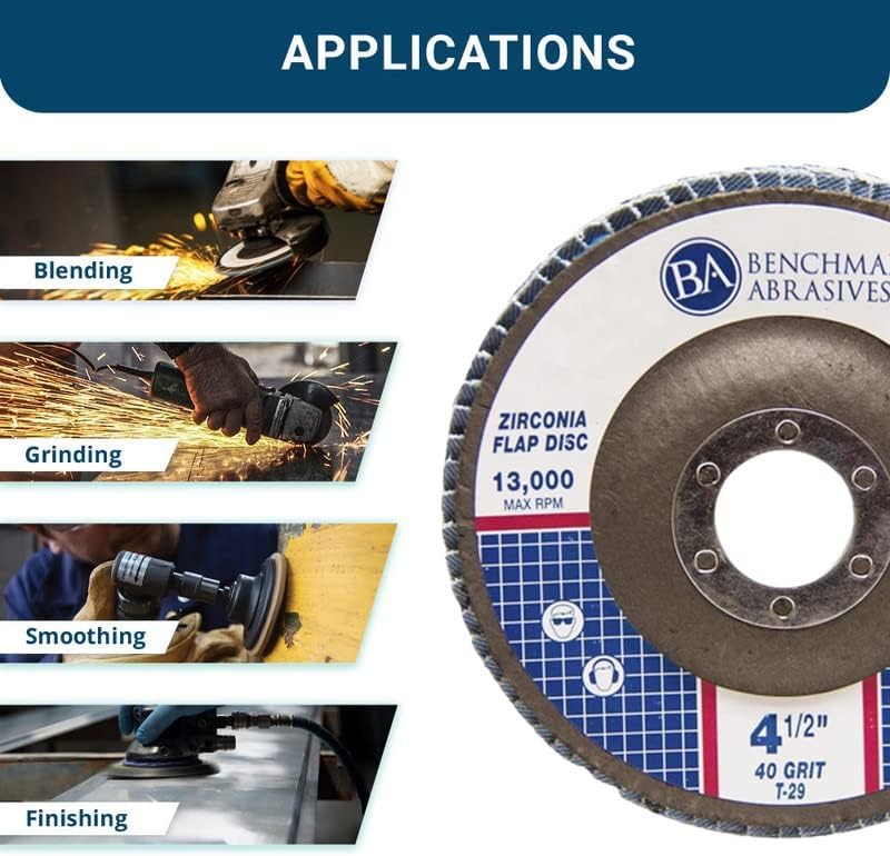 Benchmark Abrasives 4.5" x 7/8" Premium Zirconia Type 29 Flap Discs 4 1/2 for Angle Grinder, Sanding Discs, Finishing - Grinding Wheels 4 1/2 inch - (10 Pack) 40 Grit