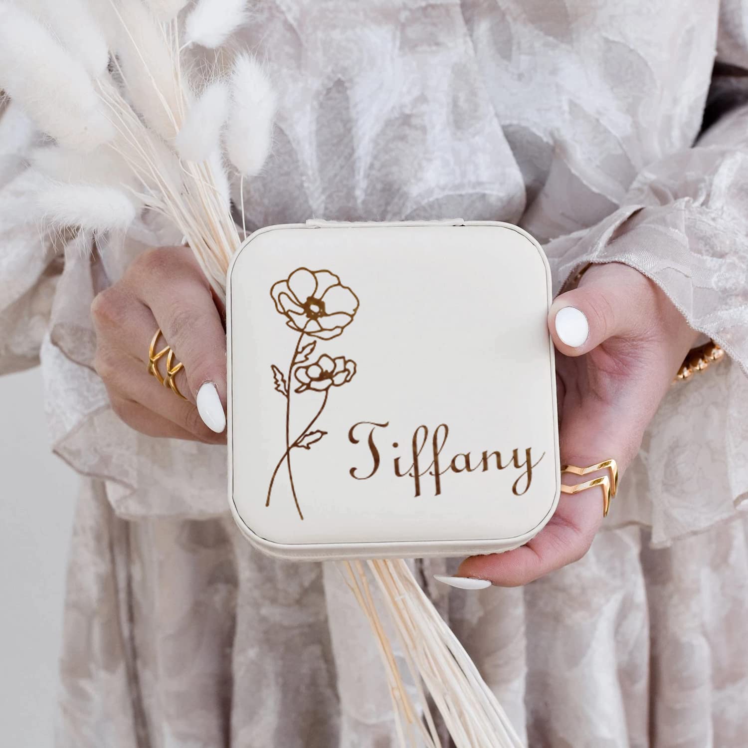 Corissy Personalized Jewelry Box for Women, Custom Travel Jewelry Case with Name and Birth Flower, Leather Jewelry Box for Rings, Earrings, Necklaces, Personalized Gifts for Women