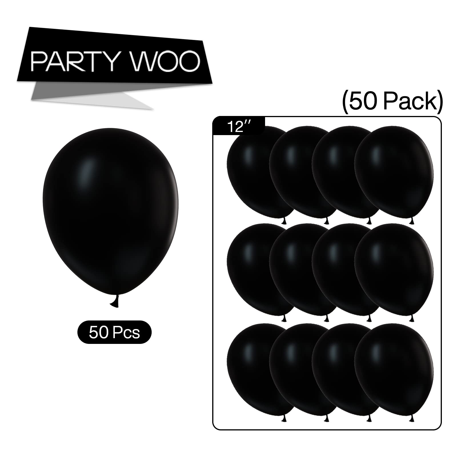 PartyWoo Black Balloons 50pcs 12 Inch Black Matte Latex Helium Balloons for Birthday Wedding Anniversary Graduation Bachelorette Engagement Bridal Shower Retirement Party Decorations Black-Y18