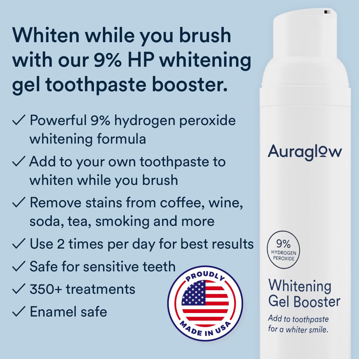 Auraglow Whitening Toothpaste Booster, Add to Toothpaste to Whiten, 9% Hydrogen Peroxide Teeth Whitening Gel Toothpaste, 350+ Whitening Treatments, 6-Month Supply, 2.6oz