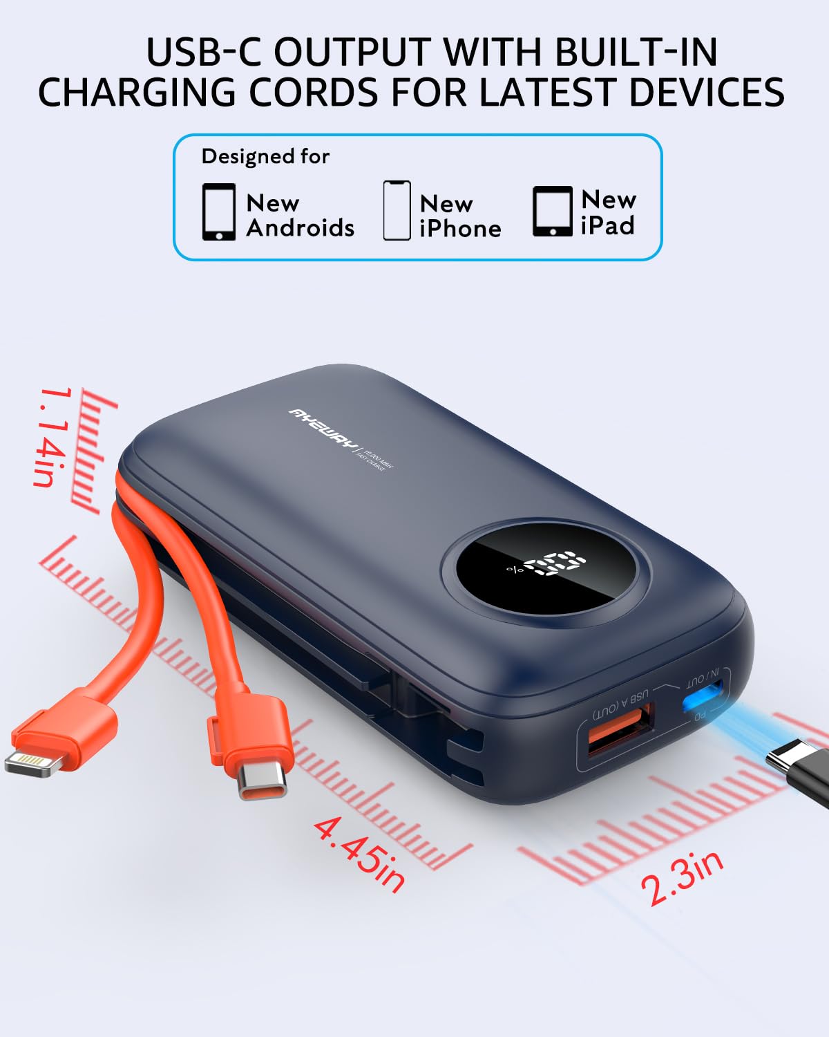 Ayeway Lightweight USB C Battery Pack with Built in Cables,10,000mah Portable Charger High Speed Charging Power Bank with 4 outputs,External Battery Phone Charger for iPhone,Samsung,5V Heated Vest