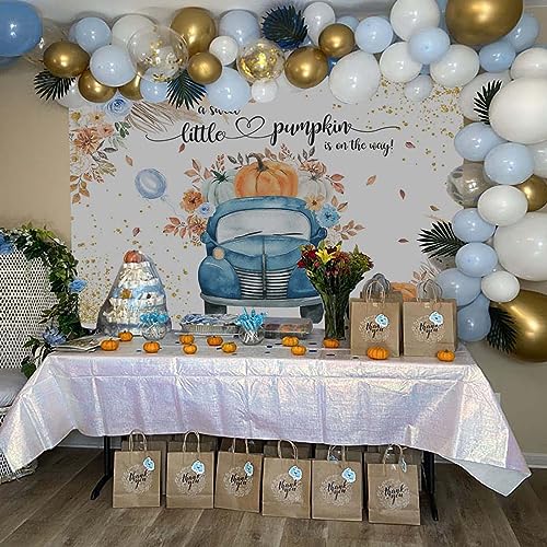 Avezano Blue Pumpkin Baby Shower Backdrop for Boy Boho Fall Baby Shower Decorations Little Pumpkin Truck Banner Thanksgiving Autumn Newborn Baby Shower Party Background(7x5ft)