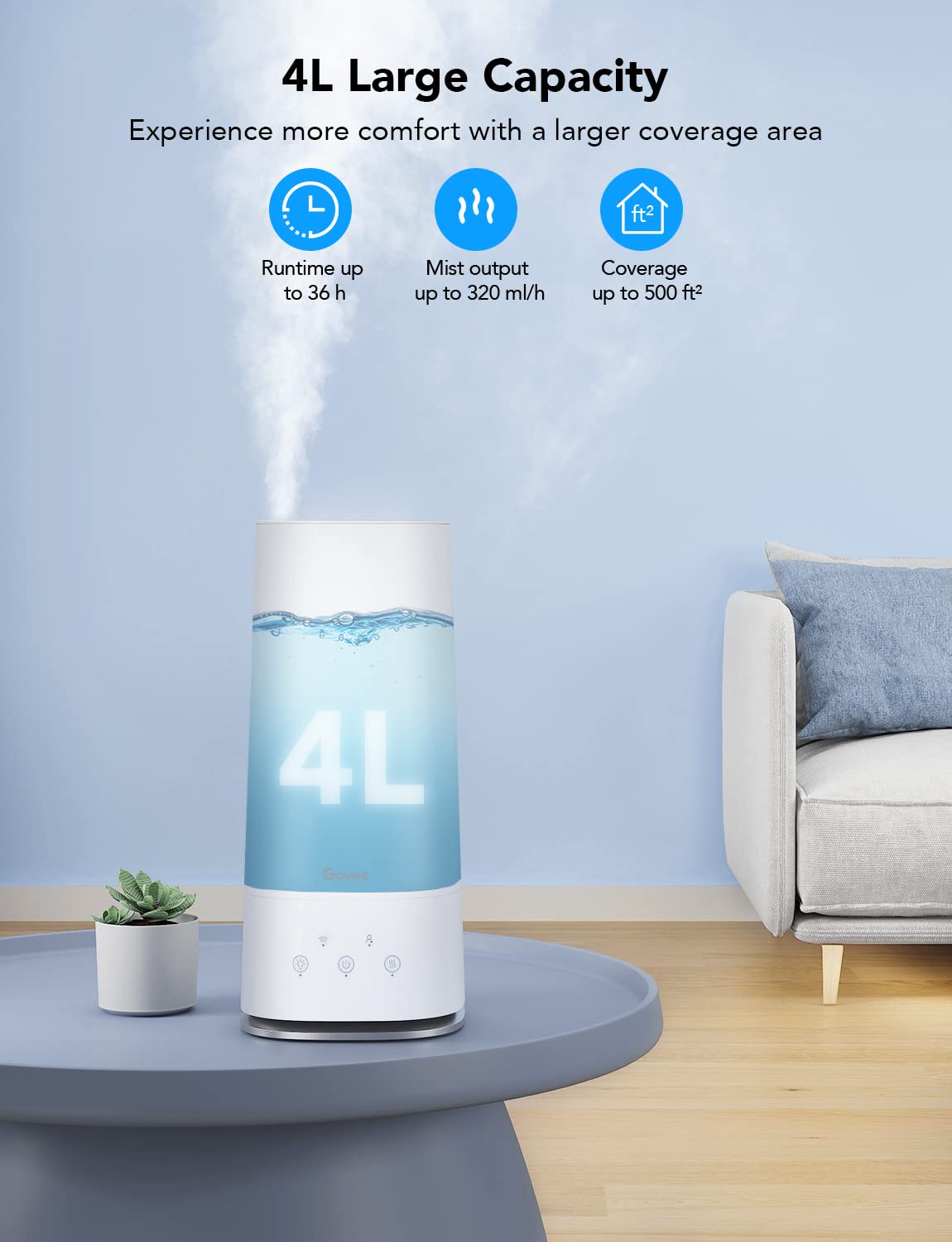 Govee 4L Smart Humidifiers for Bedroom with Hygrometer Thermometer, WiFi Voice & Remote Control, Top Fill Cool Mist Humidifiers for Baby and Plants, Essential Oils Diffuser, Lasts up to 36 Hours