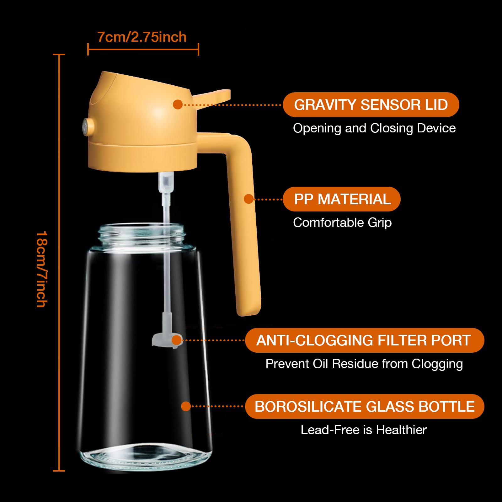 YARRAMATE Olive Oil Dispenser, 2 in 1 Oil Sprayer for Cooking, 17oz/500ml Glass Oil Spray Bottle with Pourer, Food-grade Oil Dispenser and Oil Sprayer for Kitchen, Salad, Frying, BBQ (Orange)