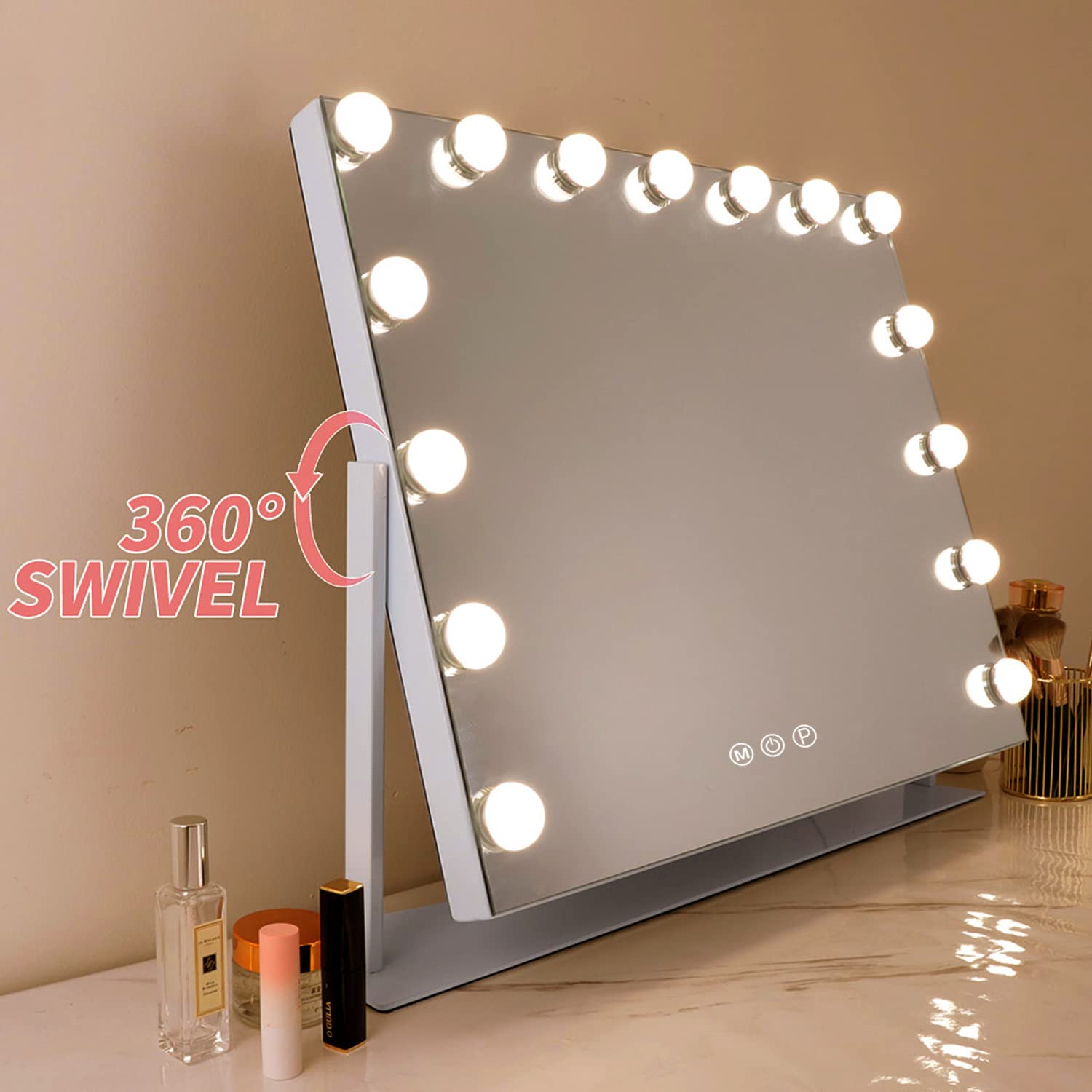 FENCHILIN Vanity Mirror with Lights, White Hollywood Lighted Makeup Mirror with 15 Dimmable LED Bulbs Rotation for Dressing Room & Bedroom, Living Room