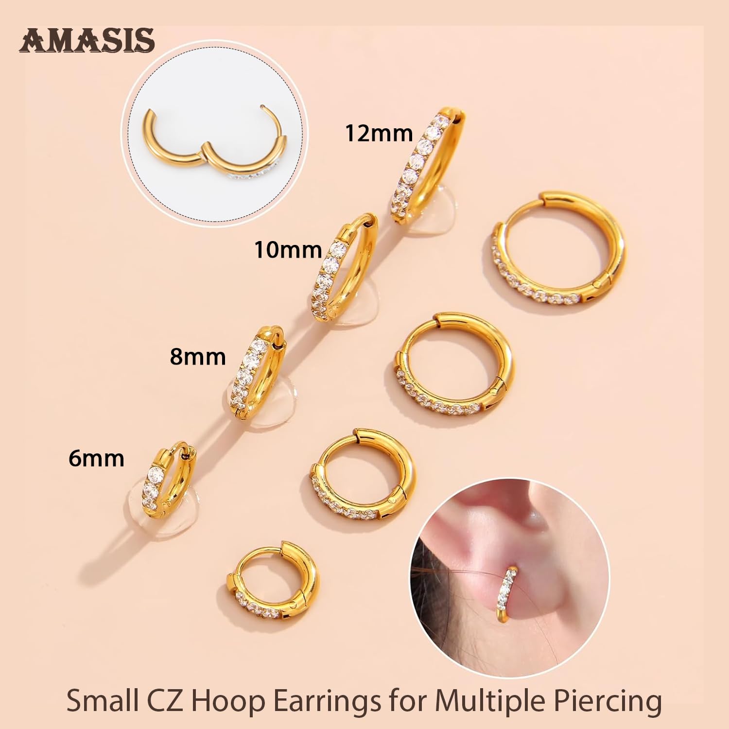 Small Gold Hoop Earrings for Women Men,14K Gold Plated in 316L surgical steel Hinge Huggie Hoop Earrings fit Helix, Rook, Earlobe Lightweight Hypoallergenic Earrings (1 Pair-8mm)