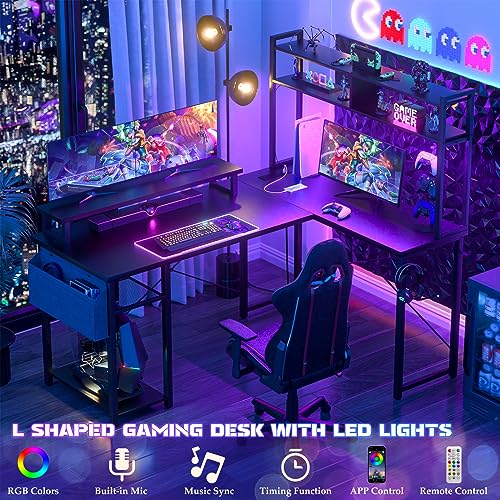 Aheaplus Small L Shaped Gaming Desk with LED Lights & Power Outlets, Reversible L-Shaped Computer Desk with Monitor Stand & Storage Shelf, Corner Desks Home Office Desk with Storage Bag, Black