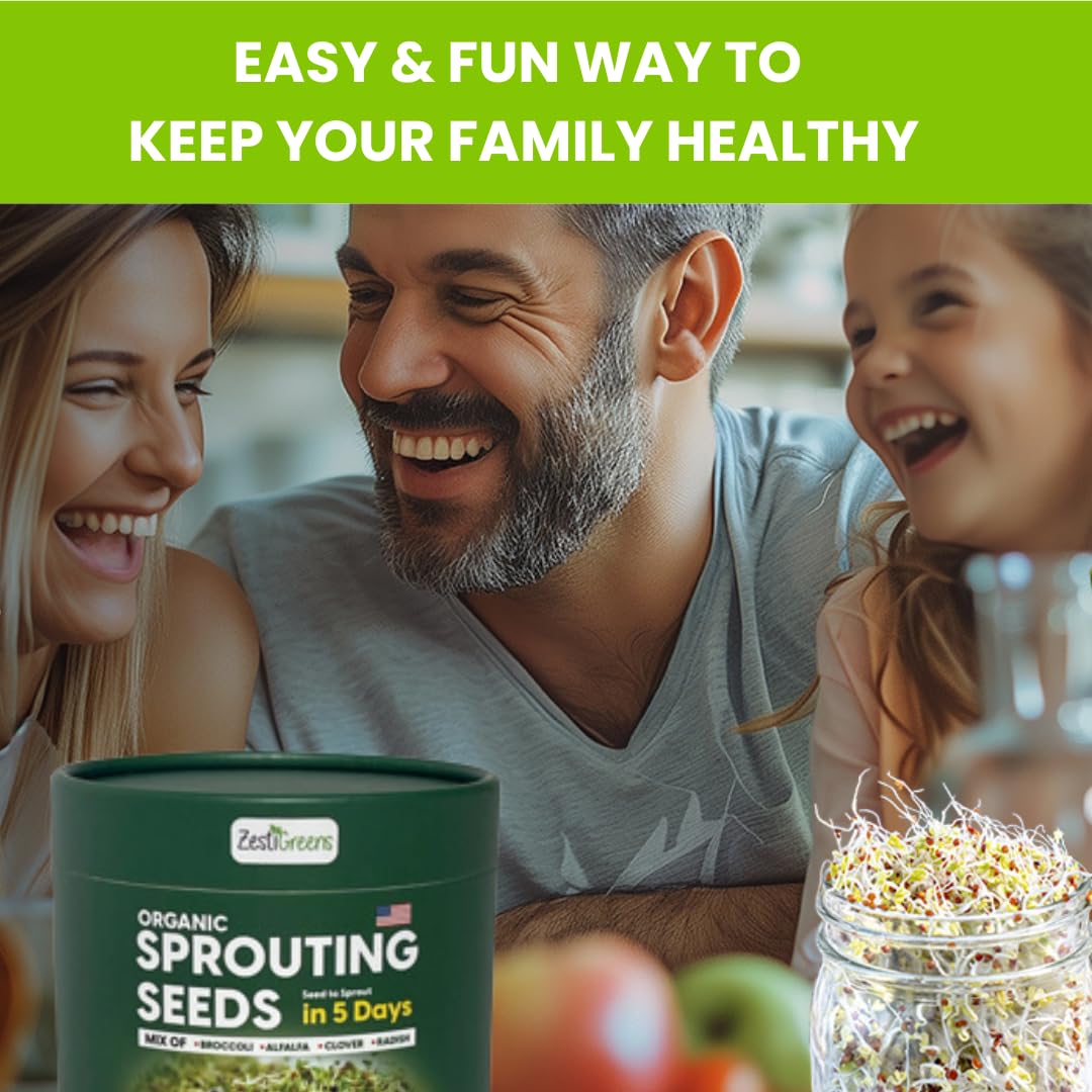 ZestiGreens Fresh Sprouting Seeds Mix (16oz) Broccoli, Alfalfa, Radish, Clover Seeds in Food Grade Colorful Container with Lid for Easier Scooping & Keeping Fresher