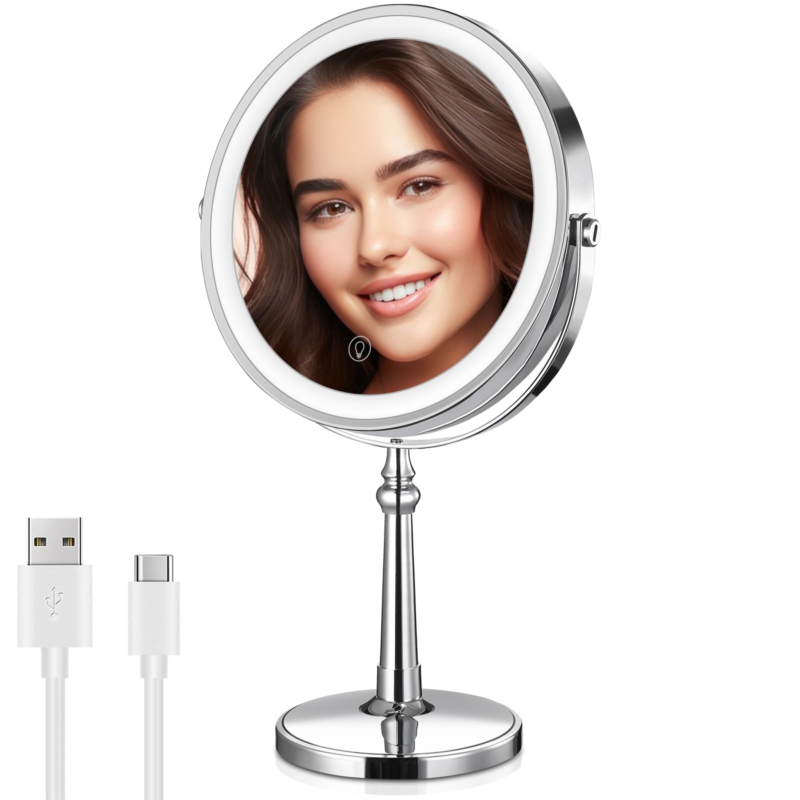 BRIGHTINWD 9" Large Lighted Makeup Mirror, 1X/10X Magnifying Mirror with Lights, 360 Rotate Touch Screen Vanity Mirror with Lights, Light up Mirror with 3 Color Lights, Brightness Adjustable