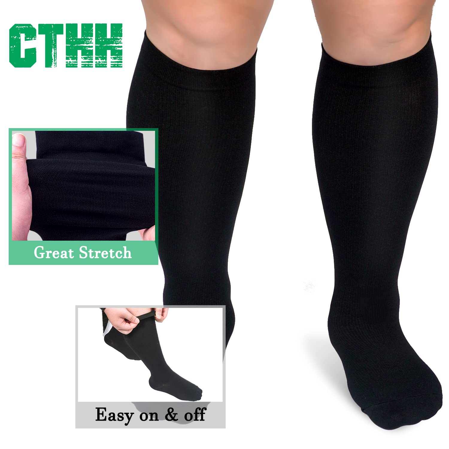 3 Pack Wide Calf Compression Socks for Women & Men, Plus Size Knee High Stockings for Circulation Support, Black L/XL