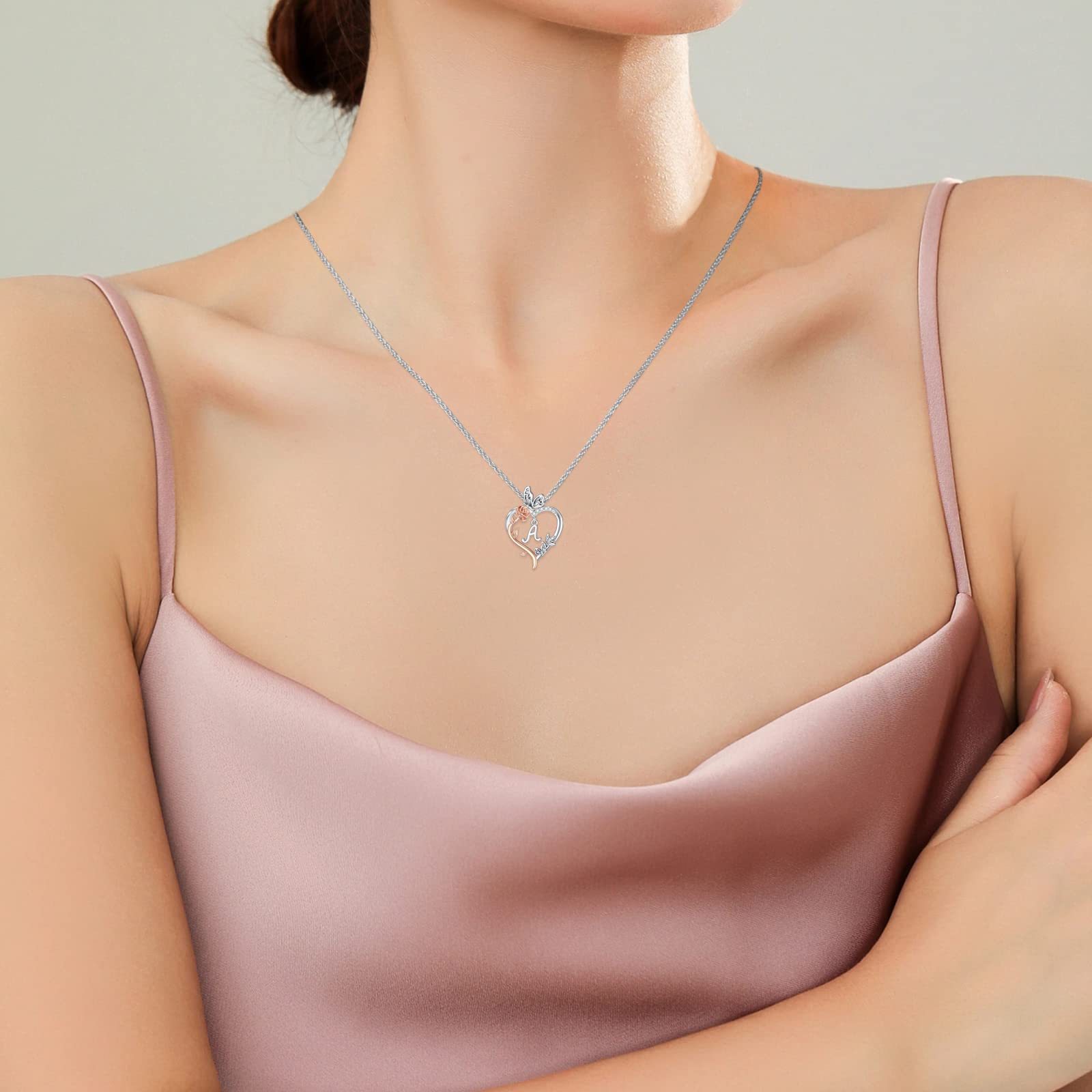 TOUPOP Gifts for Her Rose Heart Necklace Initial A Letter Necklace 925 Sterling Silver Butterfly Heart Pendant Necklace Anniversary Birthday Christmas Jewelry Gifts for Women Her Wife Girlfriend