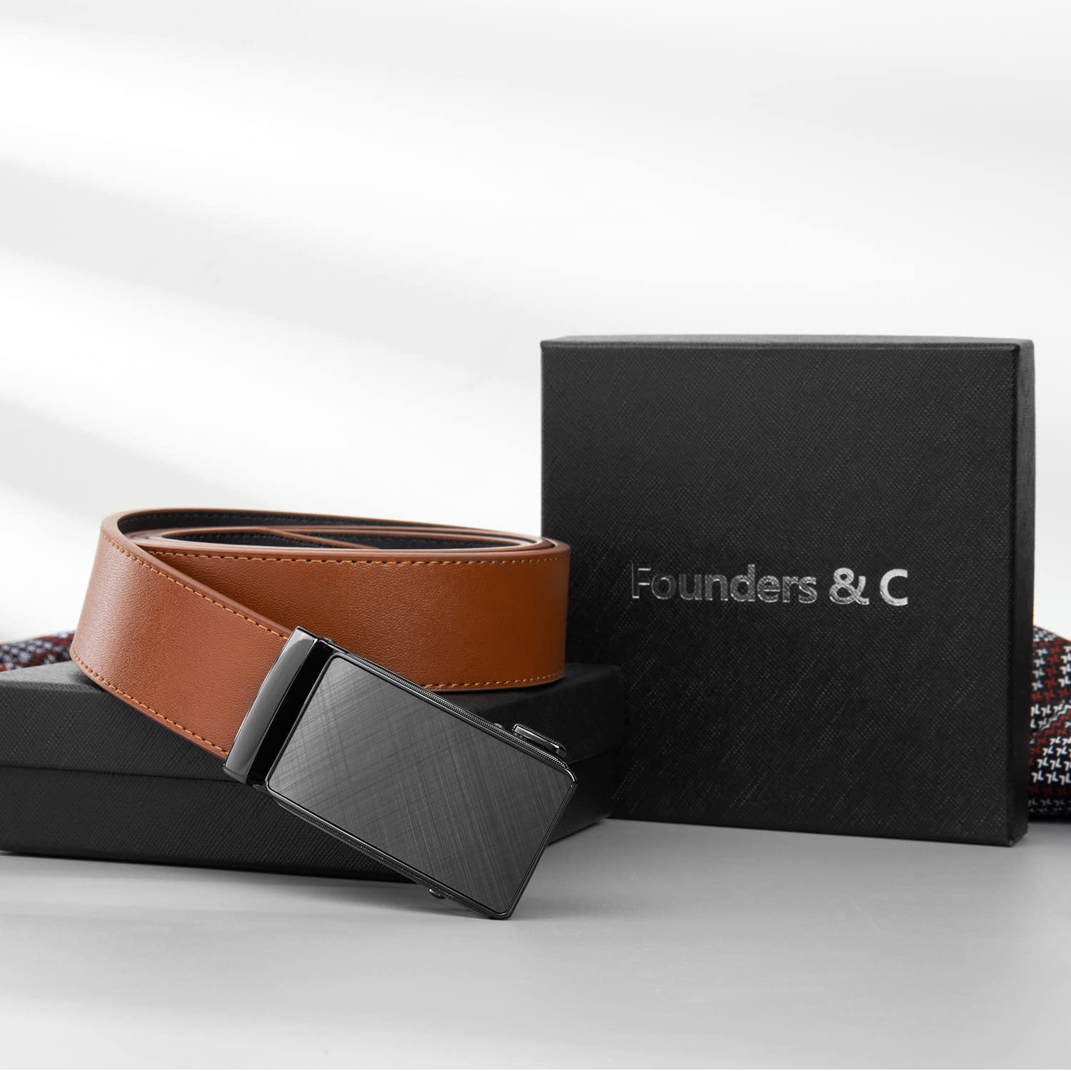 Founders & C Men's Ratchet Belt 1 3/8",Leather Dress Belt Adjustable with Click Sliding Buckle Trim to Exact Fit (28"-42" Waist Adjustable, Genuine Leather Tan Belt)