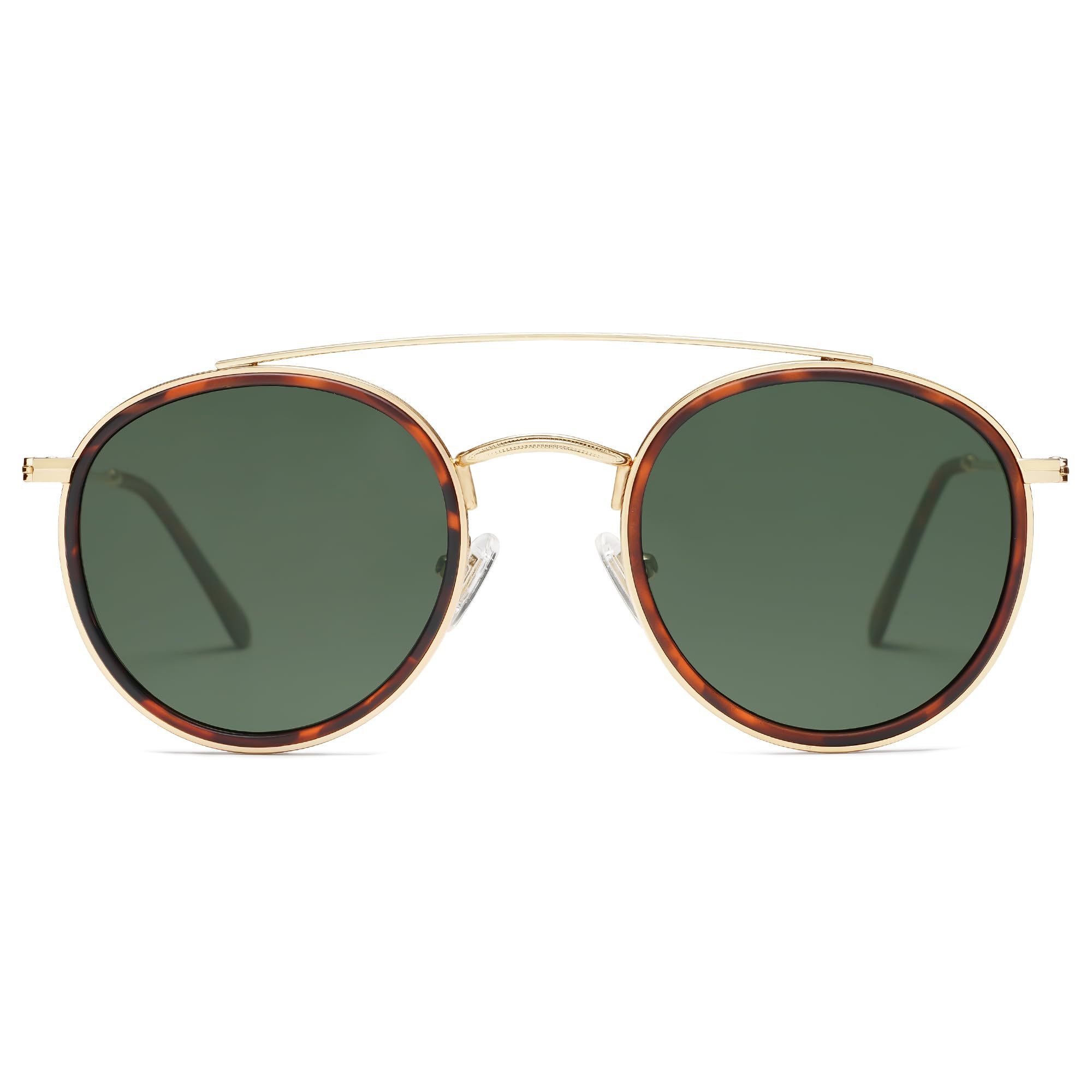SOJOS Retro Vintage Round Polarized Sunglasses for Women Men Small Double Bridge Circle Sunnies SJ1104, Brown Tortoise/Green