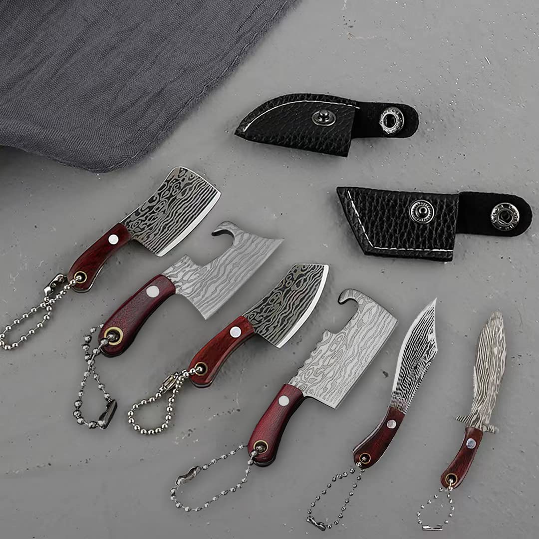 Damascus Pocket Knife Set Mini Chef Knife with Sheath, Tiny Knife EDC Knives Small Knife Cleaver, Package Opener, Box Cutter Bottle Opener Keychain Tiny Things with Pocket Knife Sharpener - Set of 7