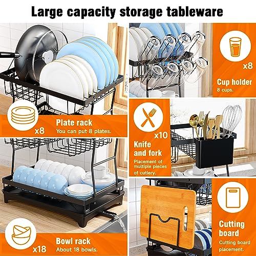 PKBD Rustproof Stainless Steel Dish Drying Rack,2 Tier Large Dish Rack for Kitchen Counter,Dish Rack with Drainboard,Utensil Holder & Cup Holder,Black