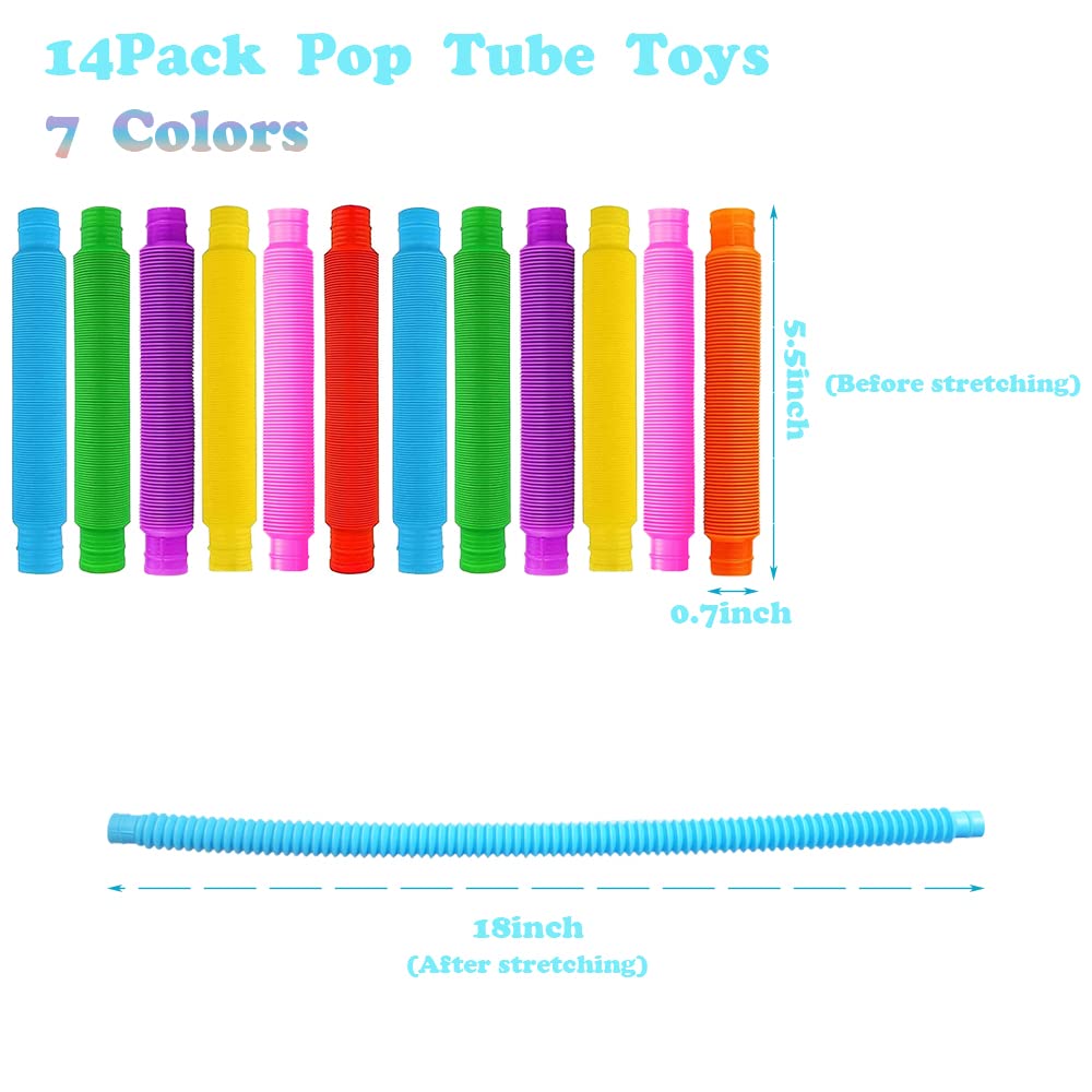 Pop Tubes, 14Pack Pop Tube Fidget Toys for Kids and Sensory Toys for Children and Adult, Fidget Tubes for Stress and Anxiety Relief, Learning Toys for Toddlers