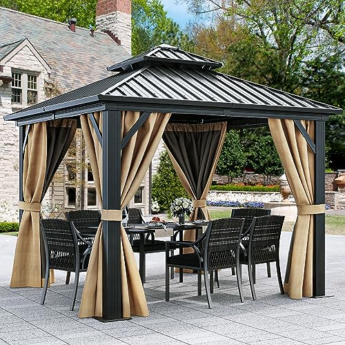 YITAHOME 10x10ft Gazebo Hardtop with Nettings and Curtains, Heavy Duty Double Roof Galvanized Steel Outdoor Combined of Vertical Stripes Roof for Patio, Backyard, Deck, Lawns, Gray