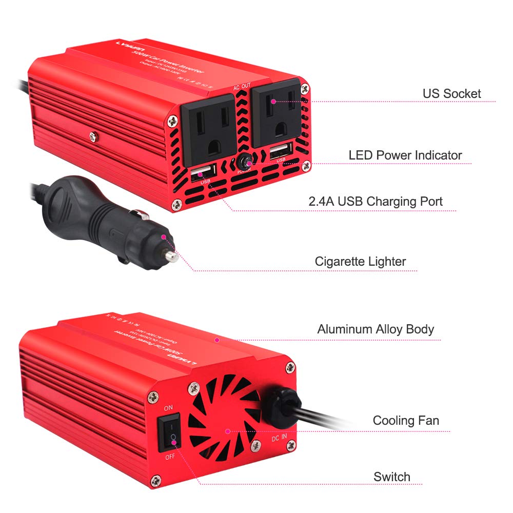 LVYUAN 500W Power Inverter DC 12V to 110V AC Car Inverter Converter with 3.1A Dual USB Car Adapter