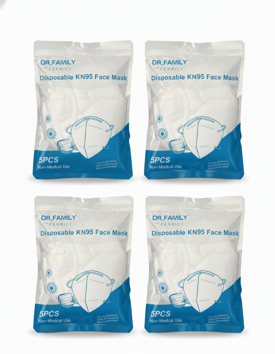 Dr. Family 20 Units Disposable KN95 Face Masks, Non-Woven 5-Layer Disposable Mask, Elastic Ear Loops, Adjustable Nose Wire, Light Weight, Perfect for Office, Travel, and Indoors, 20 Units/Box