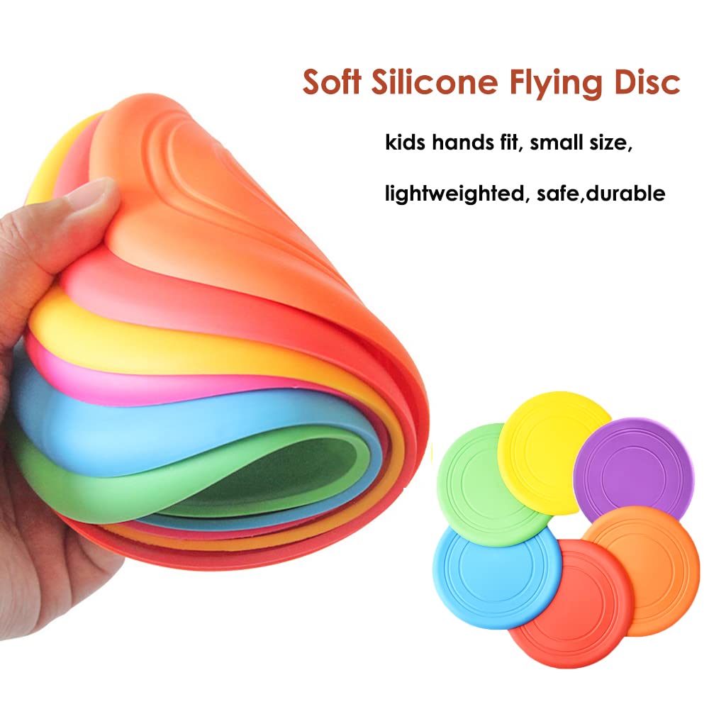 SUHEEUS Kids Flying Disc Toy Outdoor Playing Lawn Game Disk Flyer for Kindergarten Teaching Soft Silicone Colorful 6 Pack Bulk Set…