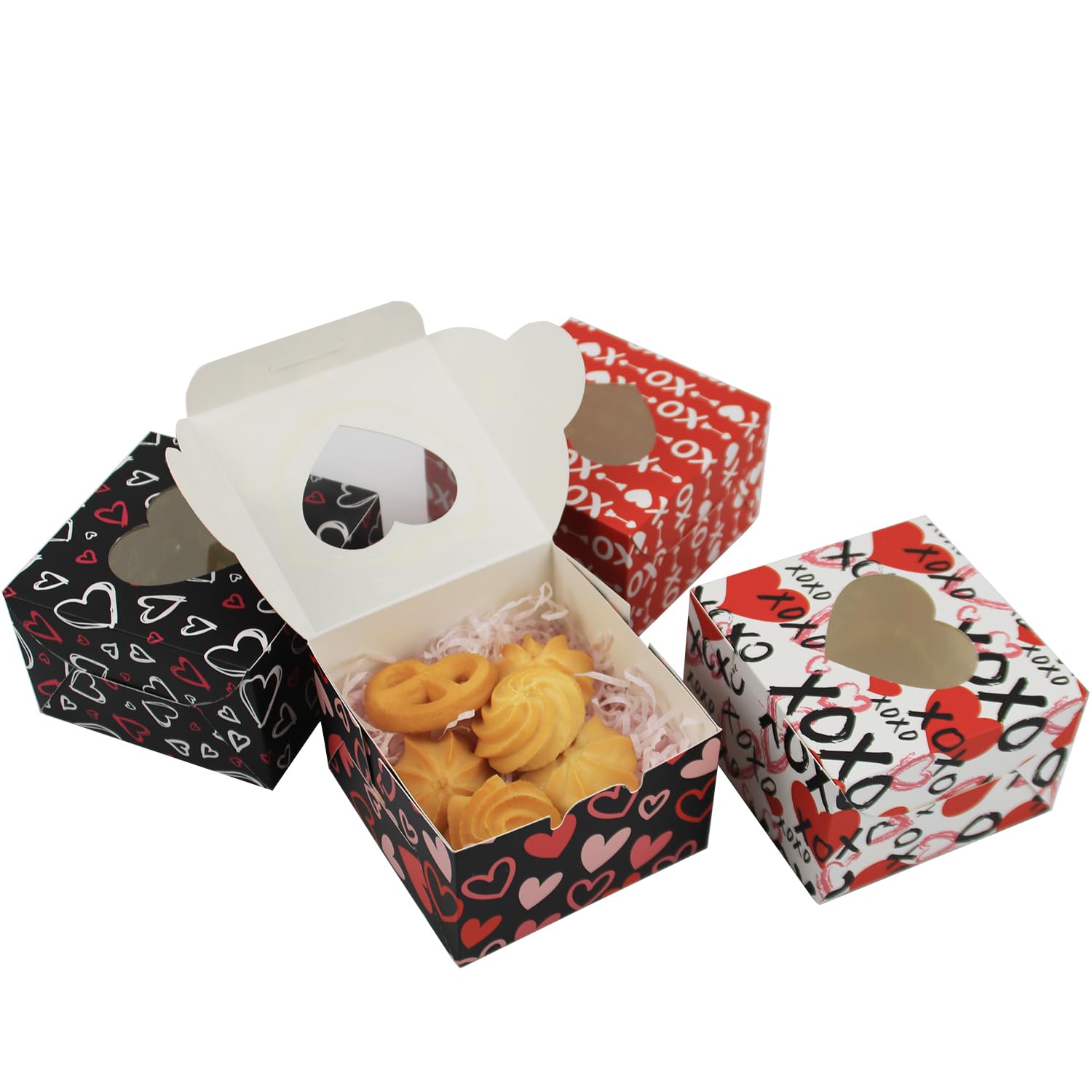 Haobell Valentine Boxes - 24pcs Valentines Day Boxes for Treats for Holiday Pastries, Cookie, Doughnut, Cupcakes, Truffles, Brownies, Classroom Parties, Coworkers Gift Giving