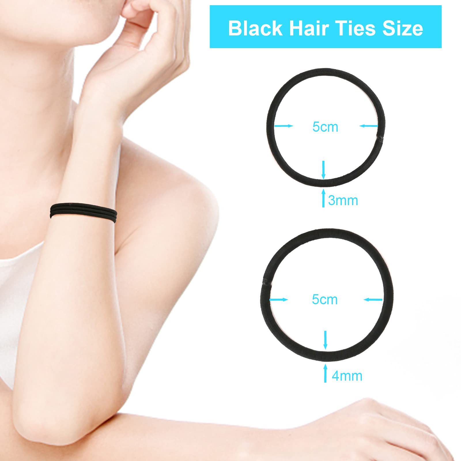 Hair Ties, 220 Pcs Black Hair Ties for Women or Men, Ponytail Holders, Premium Elastic Hair Ties for Thick Hair, Hair Bands for Women's Hair, Hair Tie, Hair Elastics, Hair Band-120Pcs 4mm, 100PCS 3mm