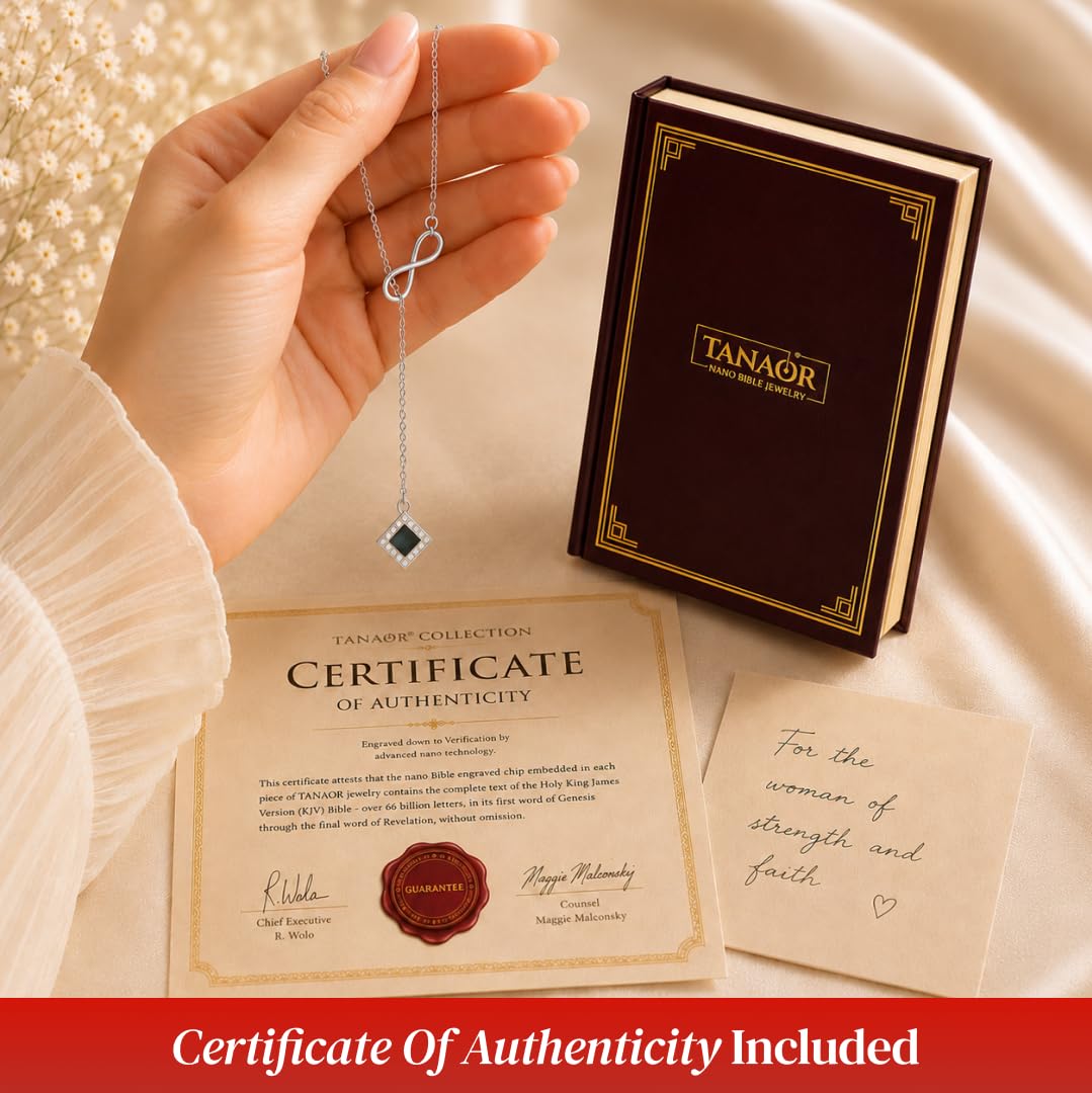 TANAOR nano bible jewelry women Infinity Religious Lariate Necklace, nano bible necklace for women with Entire KJV Holy Bible Engraved, Christian Faith Jewelry Gift with Zirconia