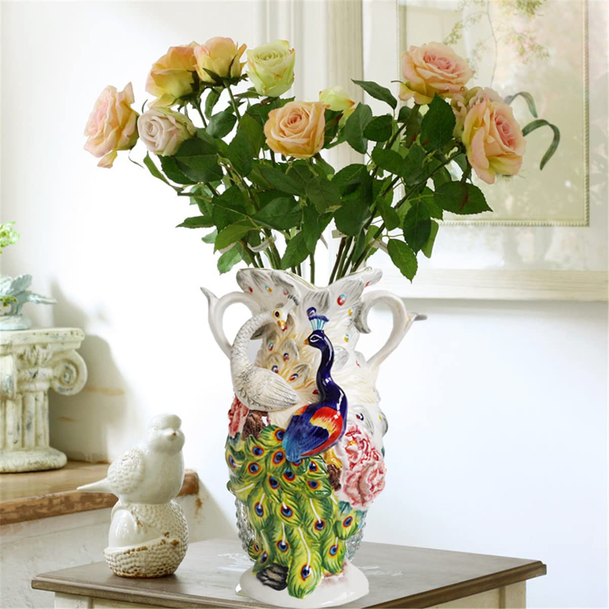 Minigift Large Ceramic Vase,3D Hand-Painted Peacock Home Decor Bouquet Holder-11.7H Inches