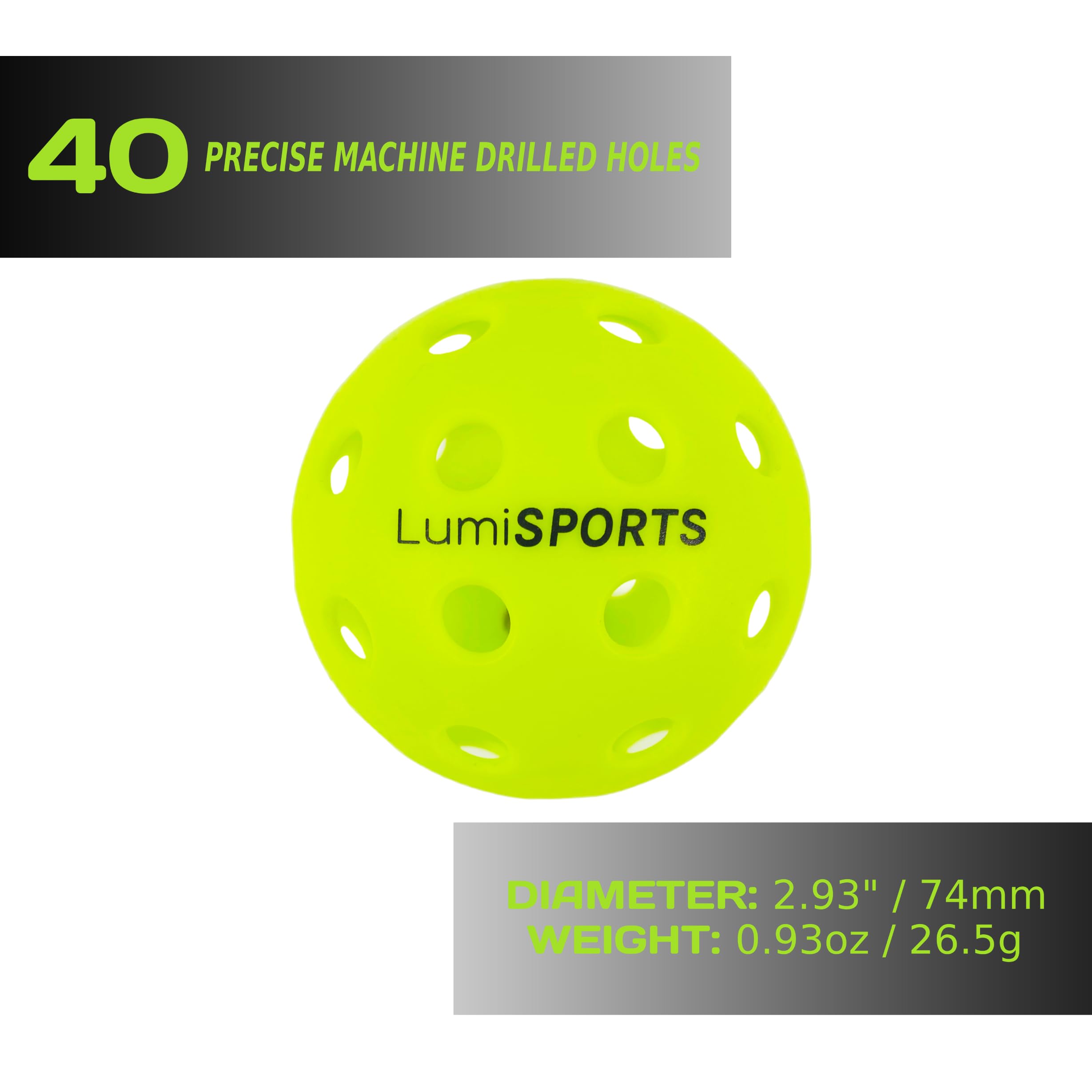 Lumi SPORTS 12-Pack Premium Pickleball Balls | 40 Holes Outdoor/Hybrid Fluorescent Green Balls | All-Surface Play | Crack-Resistance | Convenient Drawstring Mesh Bag | USAPA Standard Size and Weight