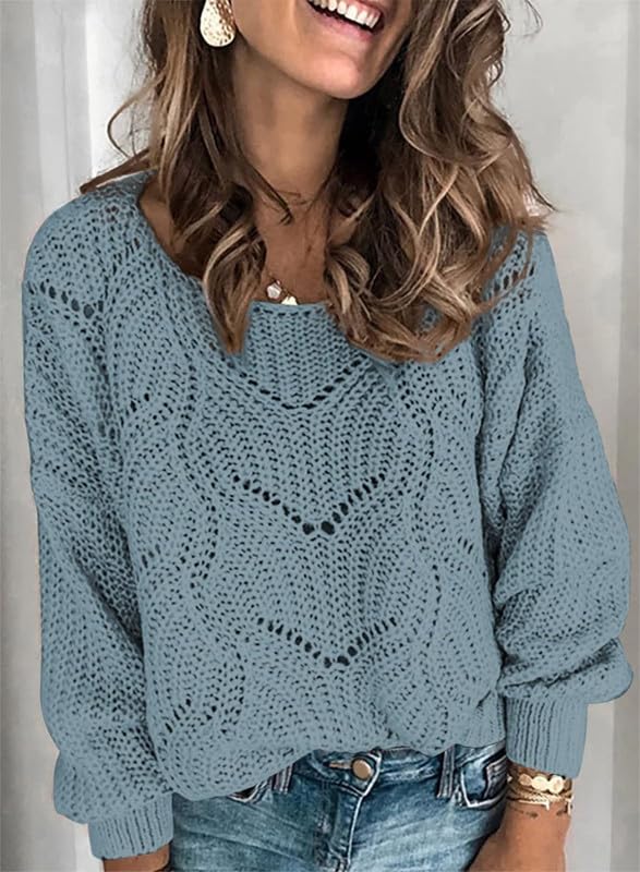 Dokotoo Sweater for Women 2024 Fashion Ladies Cute Soft Thick Crewneck Fall Tops Solid Hollow Out Crochet Chunky Winter Cozy Long Sleeve Cable Knit Pullover Sweaters Trendy Clothes Dusty Blue Medium