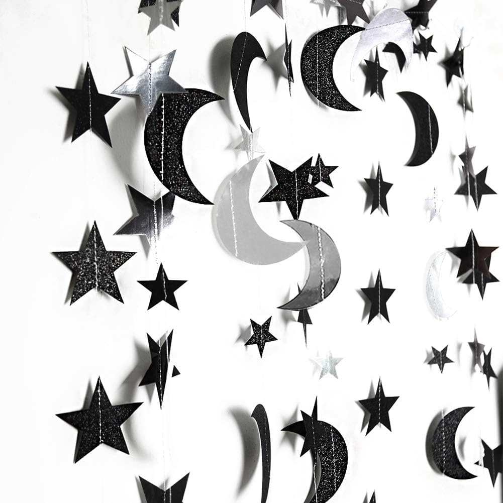 Cheerland New Years Eve Party Decoration Black Silver Crescent Moon Star Garlands for Halloween Birthday Decorations Hanging Twinkle Star Garlands for Bday Wedding EID Graduation Ramadan NYE Supplies