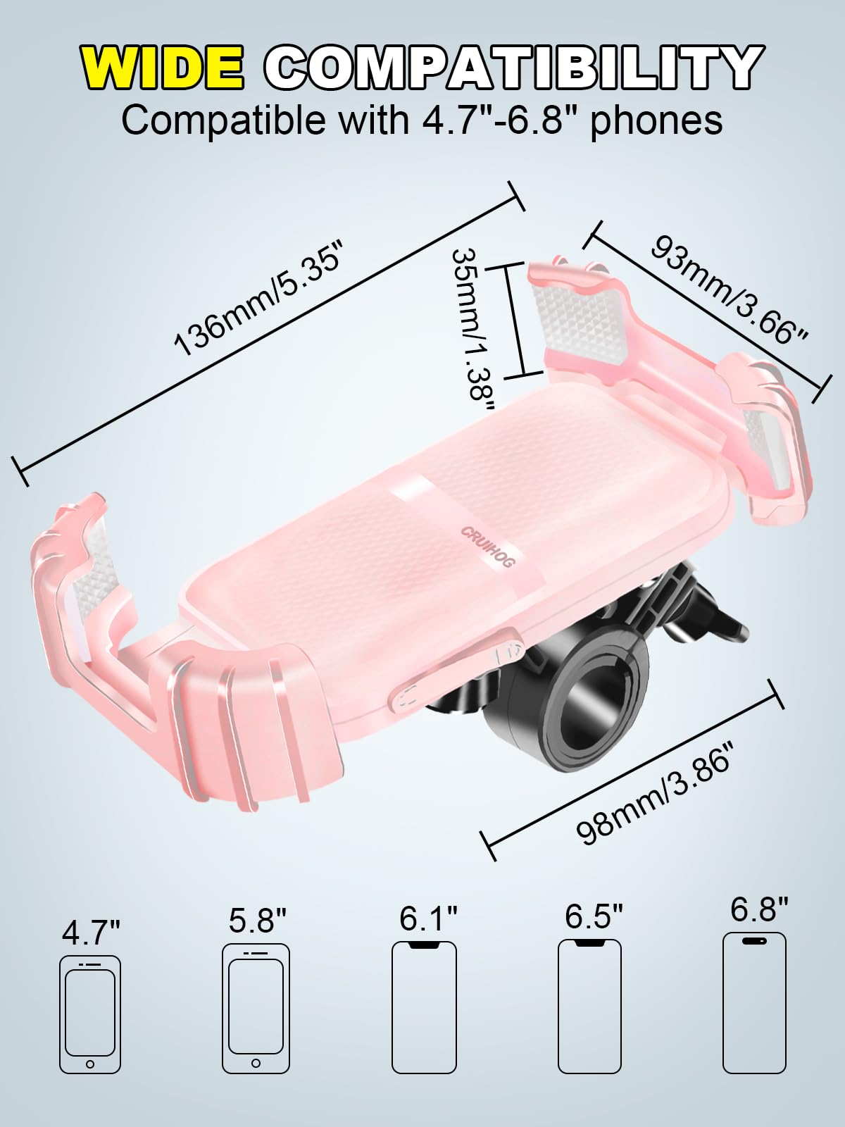 CRUIHOG Bicycle Phone Holder,Motorcycle Handlebar Phone Mount,1S Quick Lock Release,360°Rotation Silicone Wrapped Phone Clamp Stand for E-bike,Scooter ATV Strollers Bike Phone Clip,for 4.7- 6.8"Phones