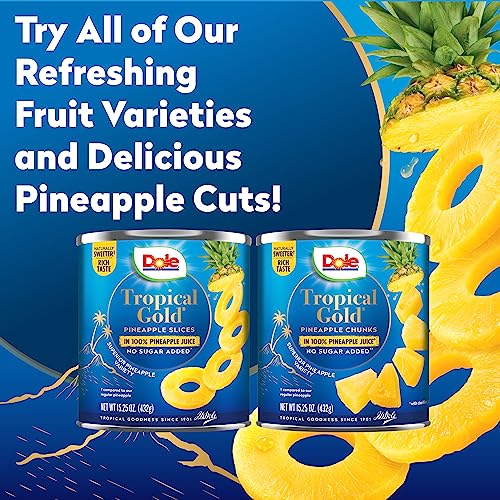 Dole Canned Fruit, Tropical Gold Pineapple Chunks in 100% Pineapple Juice, Gluten Free, Pantry Staples, No Sugar Added, 15.25 Oz, 12 Count