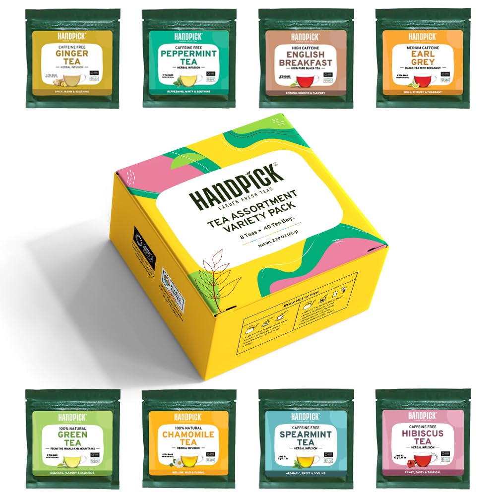 HANDPICK, Tea Bags Sampler Assortment Variety pack Gift Box 8 Flavors, 40 Tea Bags - Perfect Variety | English Breakfast, Green, Black, Herbal & More