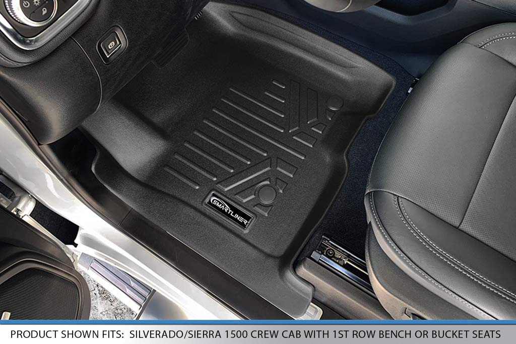 SMARTLINER Floor Mats 2 Row Liner Set Black Compatible with 2019-2022 1500 Silverado/Sierra Crew Cab - 2020-2022 2500/3500 HD Crew Cab