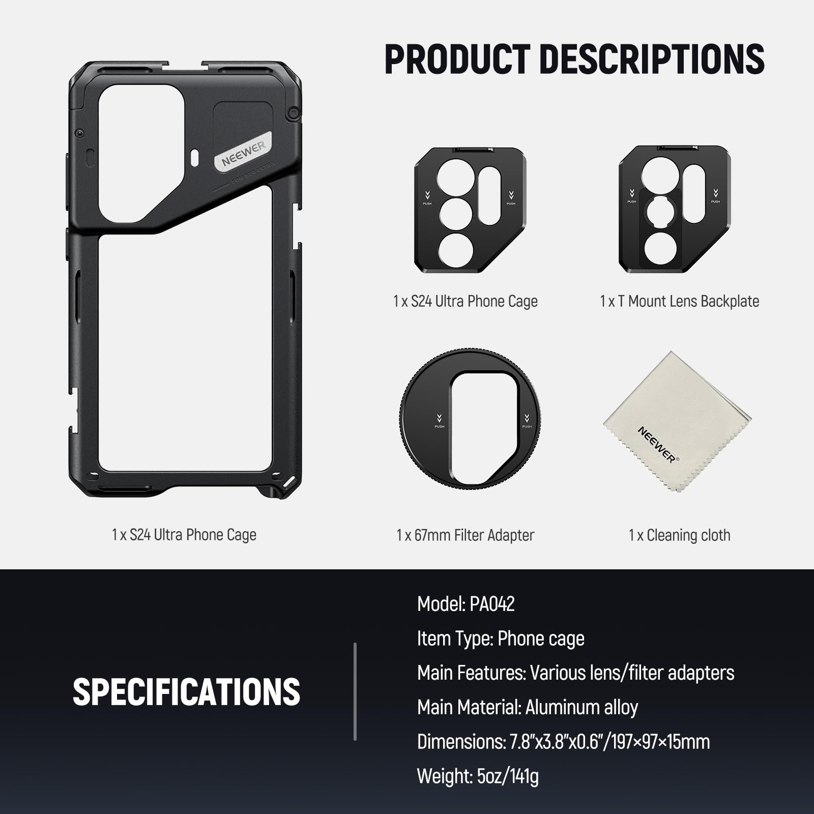 Neewer S24 Ultra Phone Cage with 67mm Filter Adapter, 17mm Lens Backplate, T Mount Lens Adapter, Cleaning Cloth, Smartphone Video Rig Stabilizer Compatible with Samsung Moment T Series Lenses, PA042