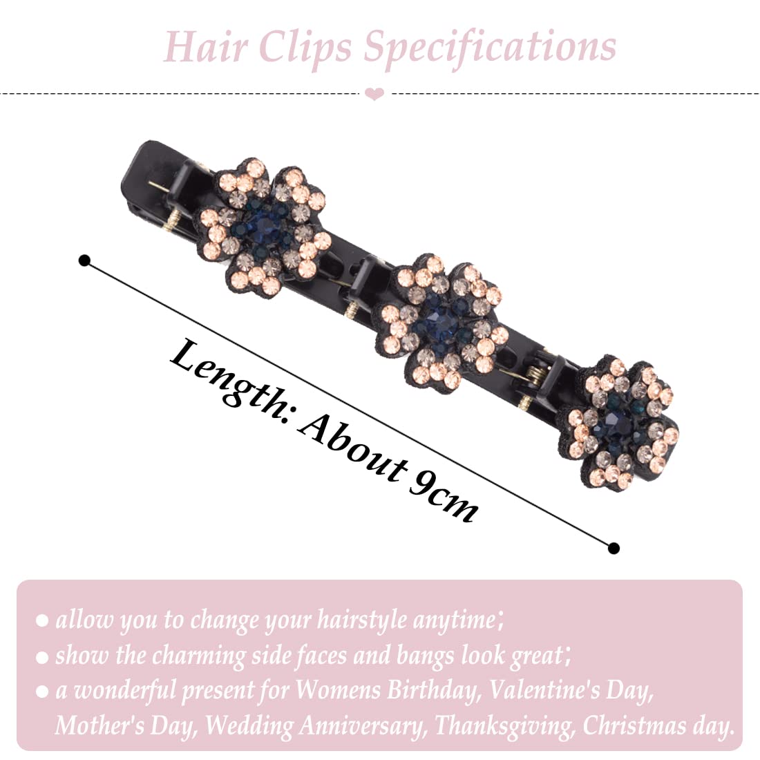 Sparkling Crystal Stone Braided Hair Clover Clips for Thick Thin Hair, Girls / Women Hair Accessories for Styling Sectioning, Large, 8 Pcs