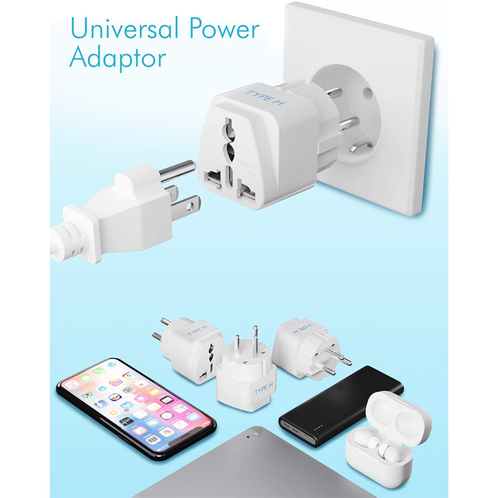 Ceptics Israel Power Adapter Travel Universal Plug,Works in Palestine,Jerusalem,Holy City-Perfect for Charging your Electronic Devices (Type H)- Safe Grounded Connection-3 Pack (GP-14-3PK),White