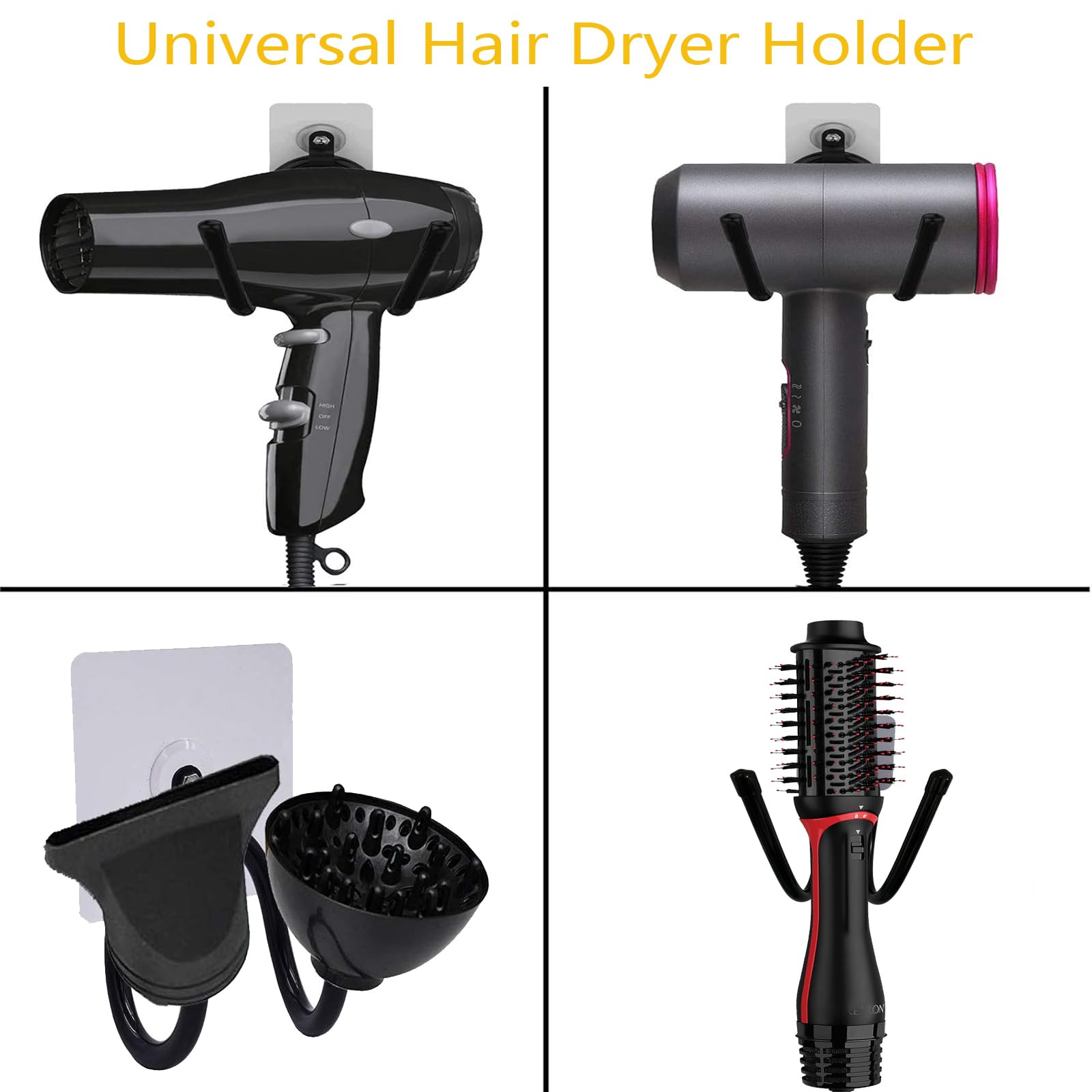 Universal Hair Dryer Holder, Blow Dryer Hanger Hook Wall Mount for Hair Dryer, Towels, Flat Iron,Hair Straightener &Cord Organizer for Cabinet Bathroom - Self Adhesive/Drilling - 2 Pack