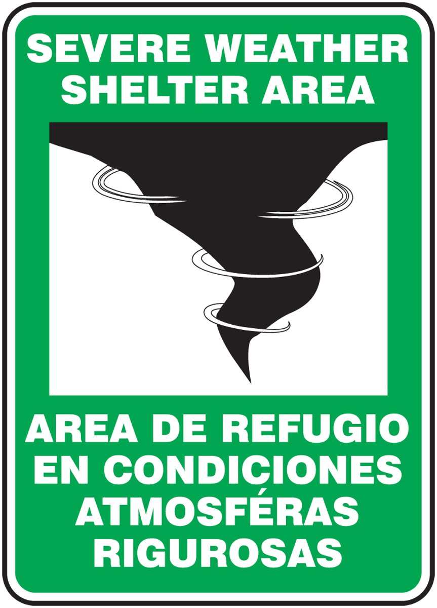 Accuform SBMFEX524VA Aluminum Spanish Bilingual Safety Sign, Legend "SEVERE WEATHER SHELTER AREA/AREA DE REFUGIO EN CONDICIONES ATMOSFERAS RIGUROSAS" with Graphic, 14" x 10" Width, White/Black on Green