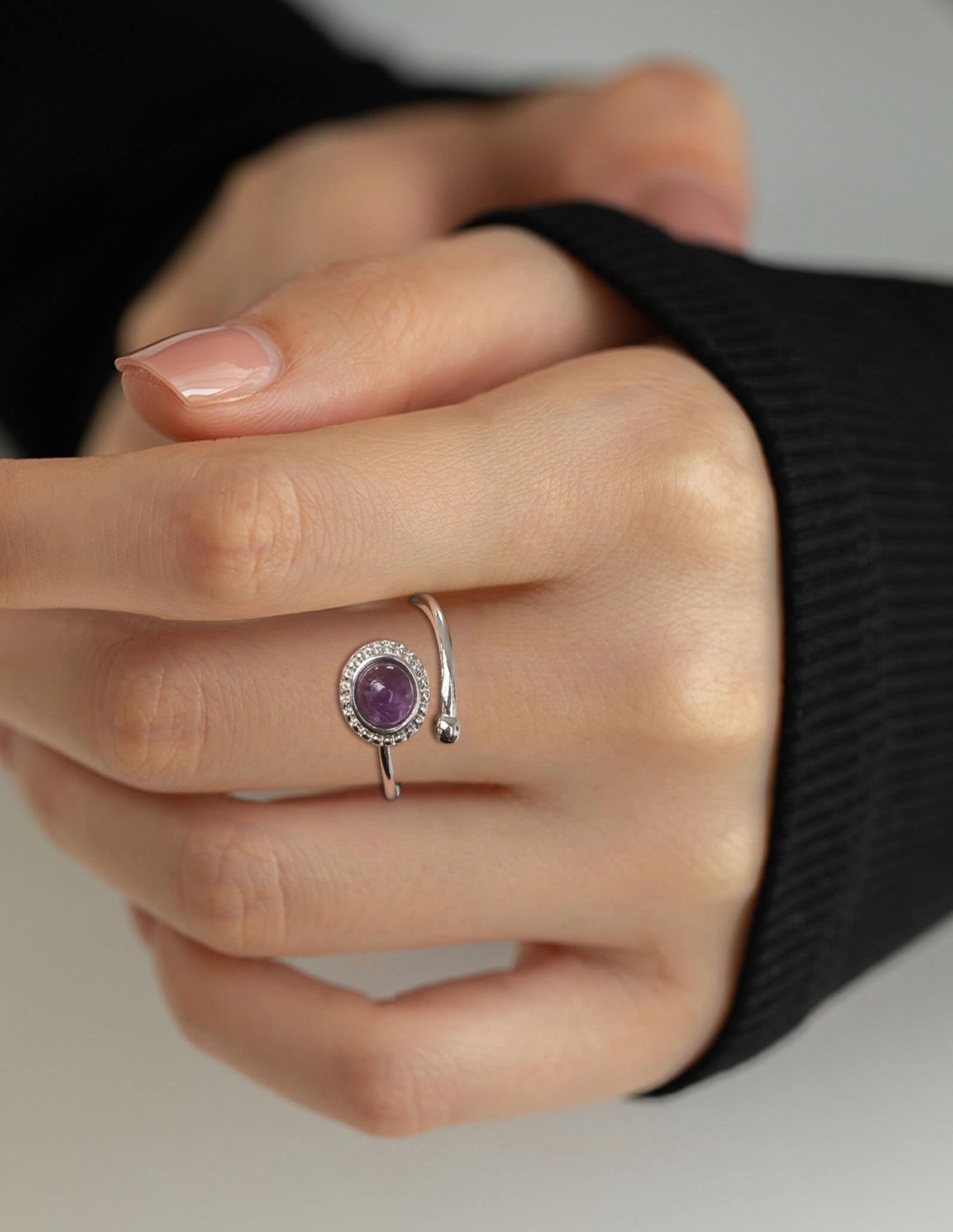 Amethyst Ring, Adjustable Silver Crystal Rings for Women, Vintage Handmade February Birthstone Ring Jewelry Gift (Amethyst)