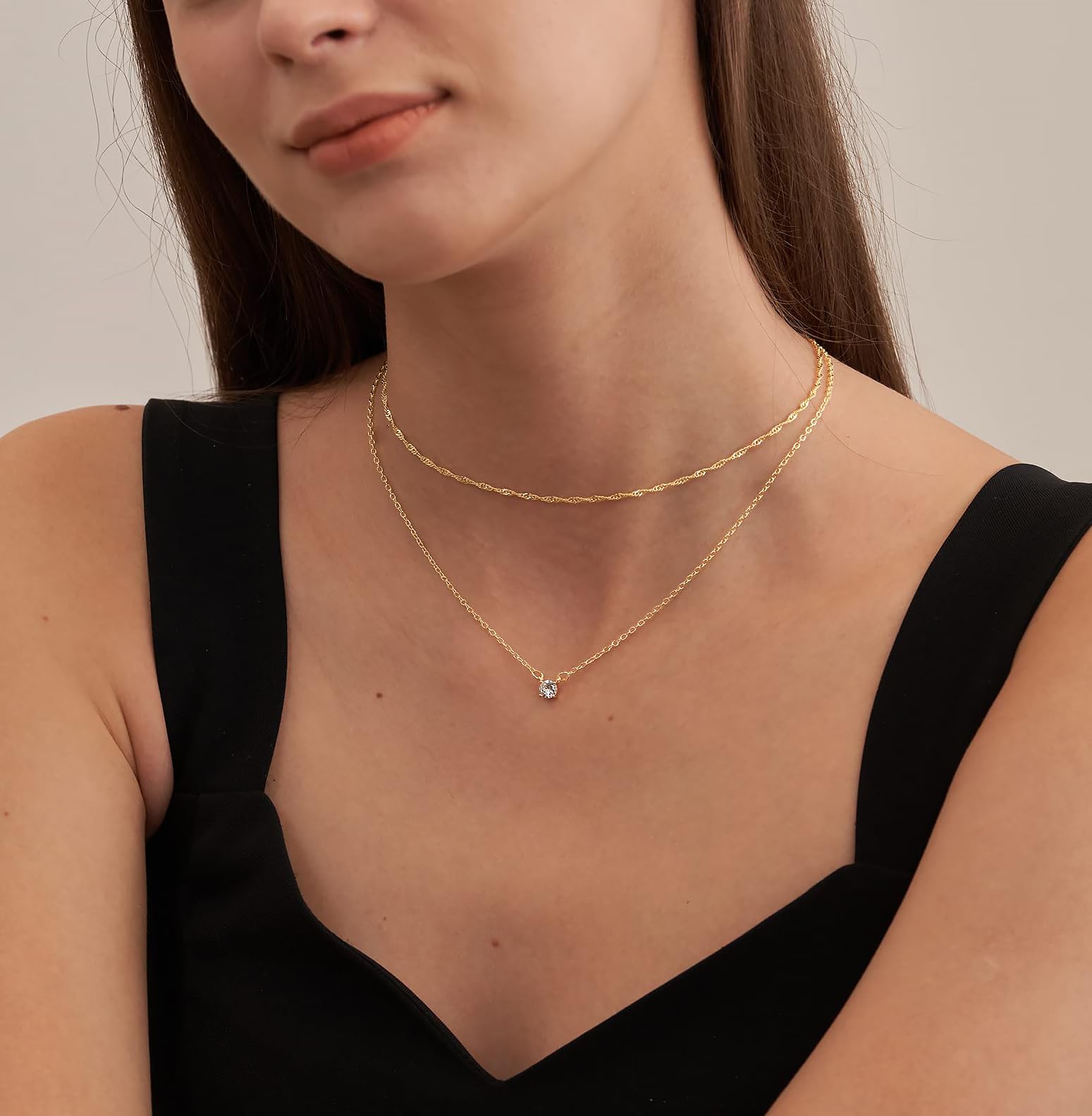 Tewiky Gold Necklace, Dainty Gold Layered Gold Plated Diamond Necklaces Simple CZ Solitaire Pendant Necklace Cute Gold Cubic Zirconia Chain Choker for Women Trendys Gold Jewelry Gift