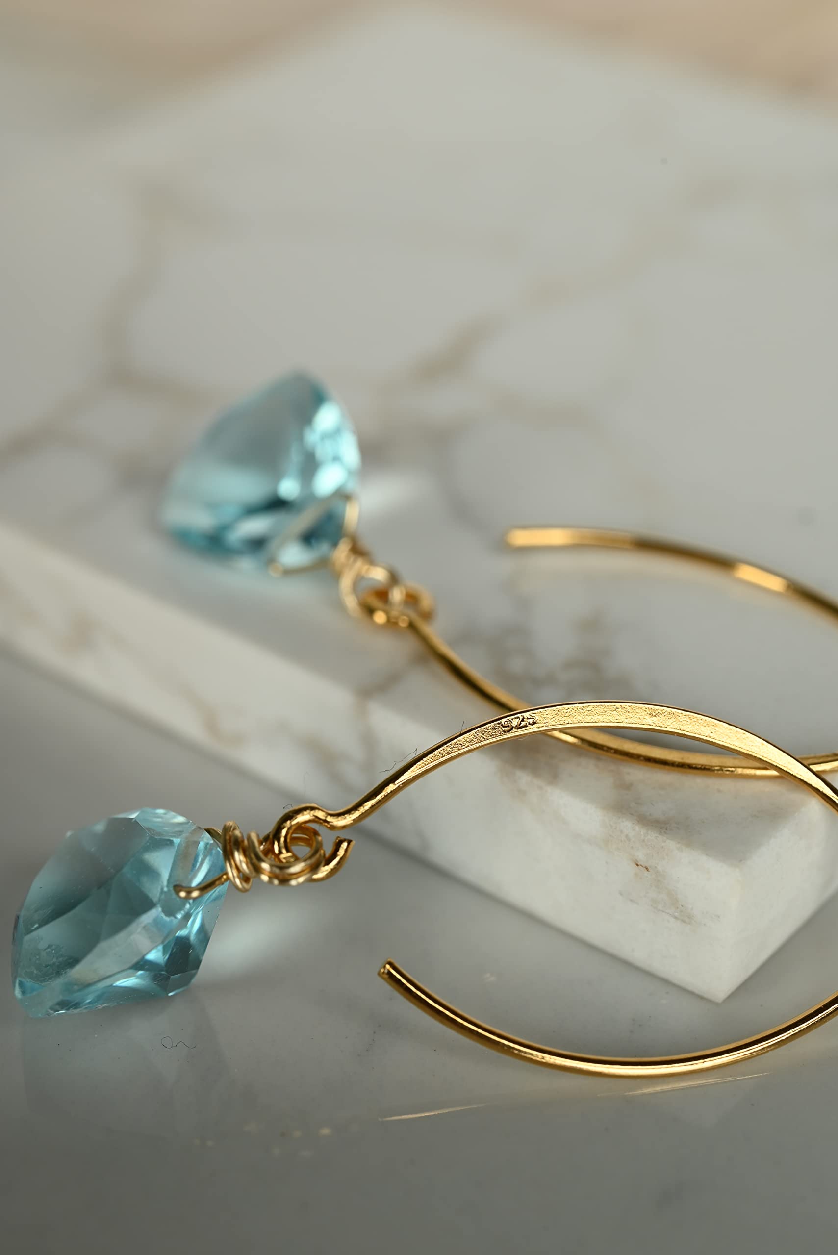 Aquamarine Blue Quartz Trillion 14k Gold Plated Sterling Silver Earrings