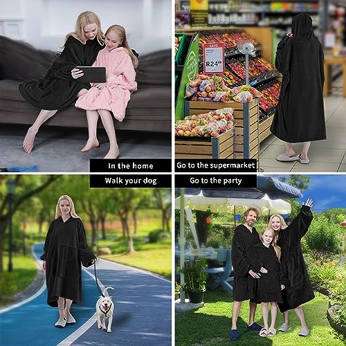 Easy-Going Oversized Flannel Wearable Blanket Hoodie for Adults, One Size Fits All, Black