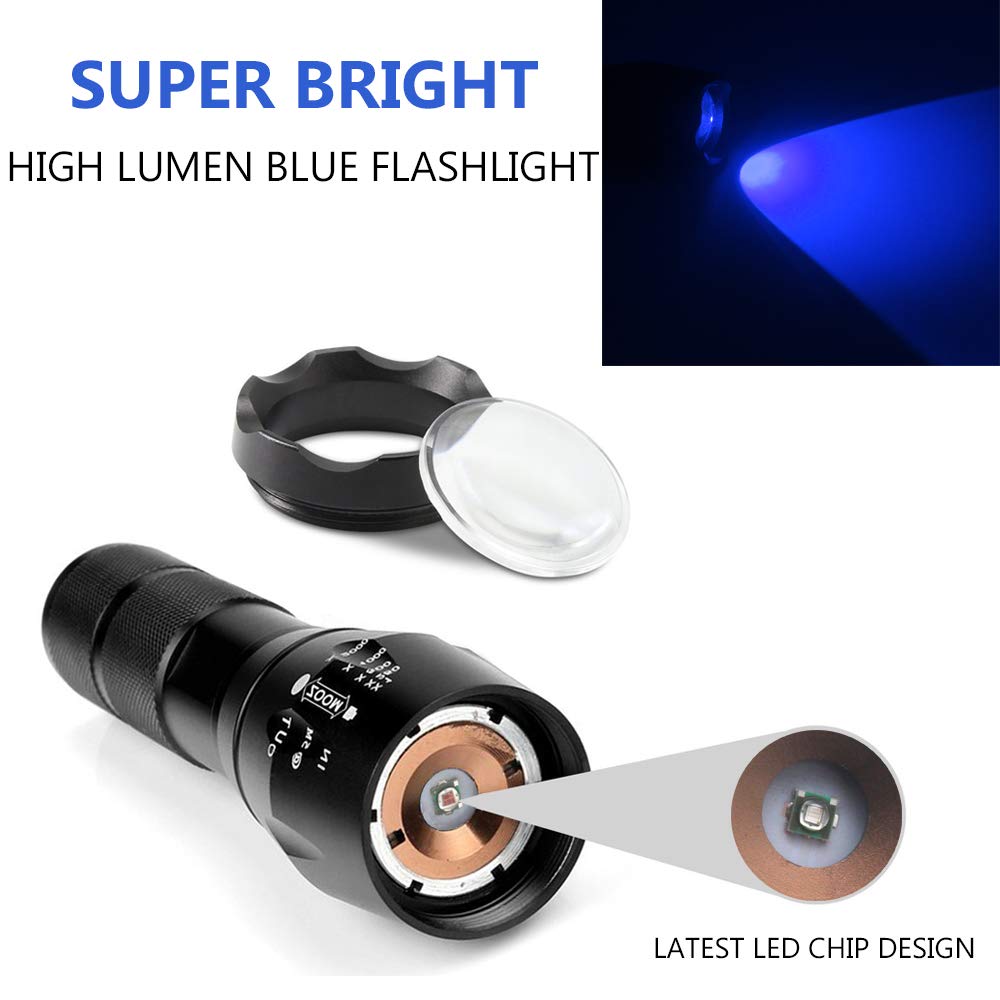 AuKvi 2 Pcs Powerful Blue Light Flashlight Single Mode Long Range LED Blue Flashlight for Night Fishing Hunting