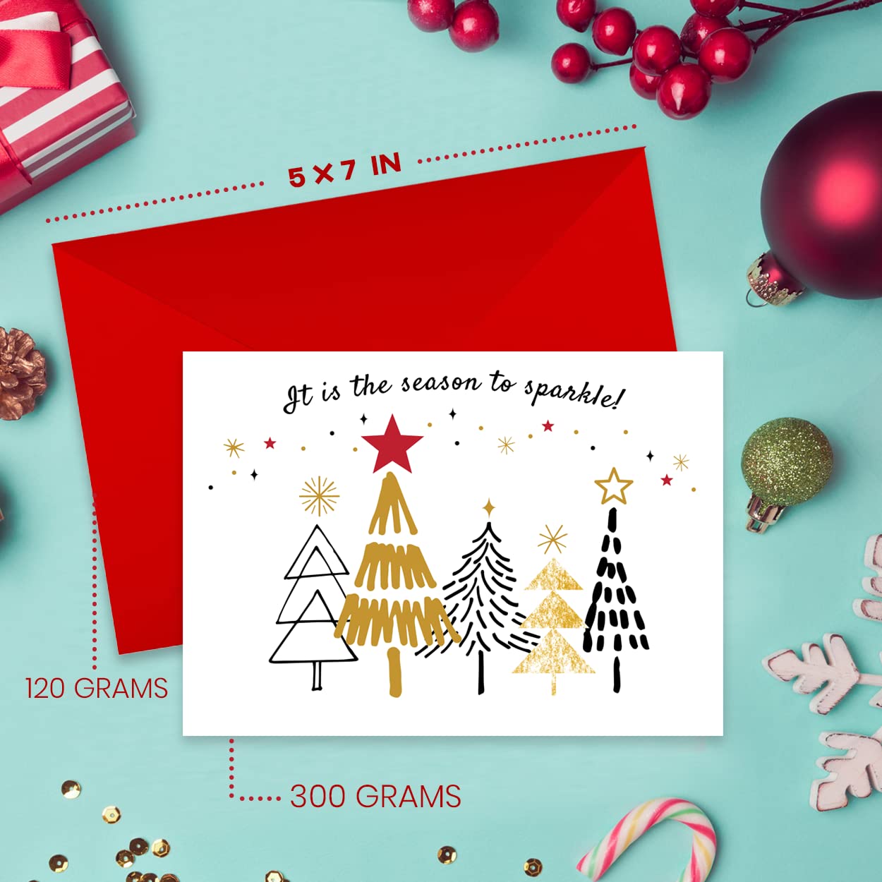 MPFY- Christmas Cards with Envelopes, Gold Foil, Pack of 25, 5 Unique Designs, Happy Holidays Card, Assorted Christmas Cards, Box Christmas Cards, Christmas Card Pack, Box of Christmas Cards