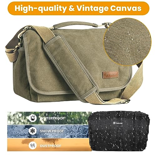 TARION Canvas Camera Bag Crossbody - Vintage Photo Bag DSLR Camera Messenger Bag Single Shoulder Bag Photo Bag Case for Women Men Street Urban photography With Waterproof Raincover Green RS-01