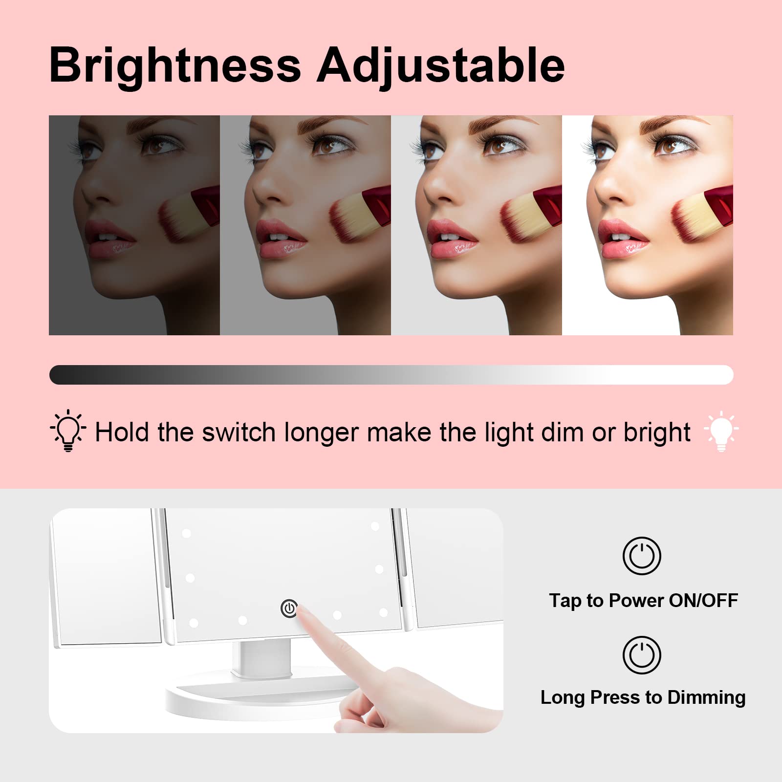 Vanity Mirror with Lights, Lighted Makeup Mirror with 2X 3X 10X Magnification, 21 LED Trifold Compact Touch Dimming Light Up Mirror, Dual Power Supply, Gifts for Women (White)